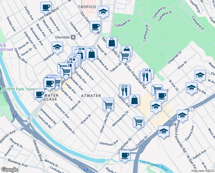 map of restaurants, bars, coffee shops, grocery stores, and more near 3346 Casitas Avenue in Los Angeles