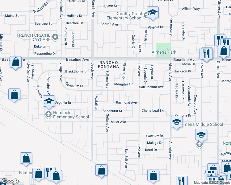 map of restaurants, bars, coffee shops, grocery stores, and more near 7501 Lytle Creek Court in Fontana