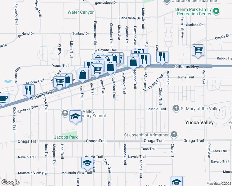 map of restaurants, bars, coffee shops, grocery stores, and more near 7419 Cherokee Trail in Yucca Valley