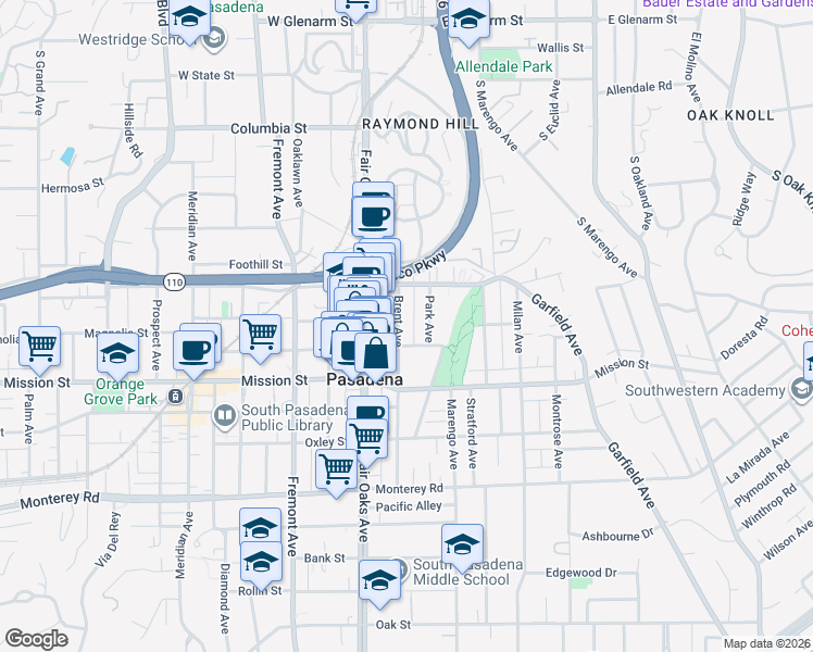 map of restaurants, bars, coffee shops, grocery stores, and more near 718 Brent Avenue in South Pasadena