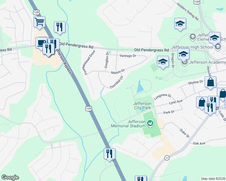 map of restaurants, bars, coffee shops, grocery stores, and more near 165 Thornhill Circle in Jefferson