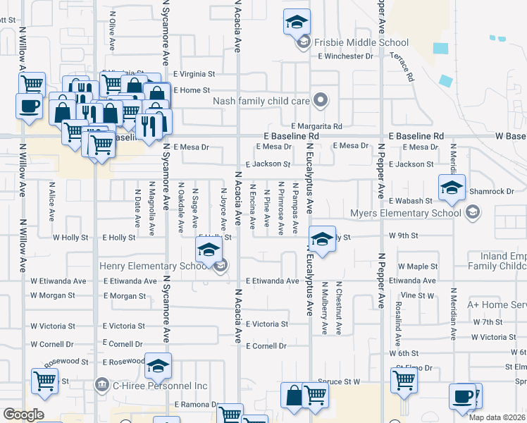 map of restaurants, bars, coffee shops, grocery stores, and more near 952 North Pine Avenue in Rialto
