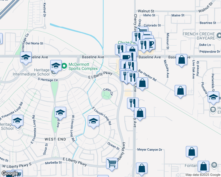 map of restaurants, bars, coffee shops, grocery stores, and more near 14336 Caryn Circle in Fontana