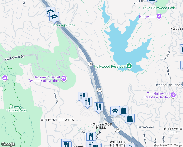 map of restaurants, bars, coffee shops, grocery stores, and more near 2700 Cahuenga Boulevard West in Los Angeles