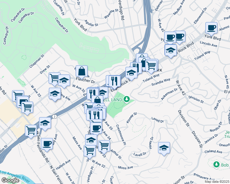 map of restaurants, bars, coffee shops, grocery stores, and more near 3719 Verdugo Road in Los Angeles
