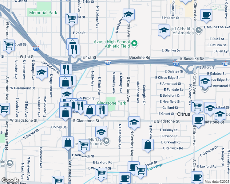 map of restaurants, bars, coffee shops, grocery stores, and more near 531 Mason Street in Azusa