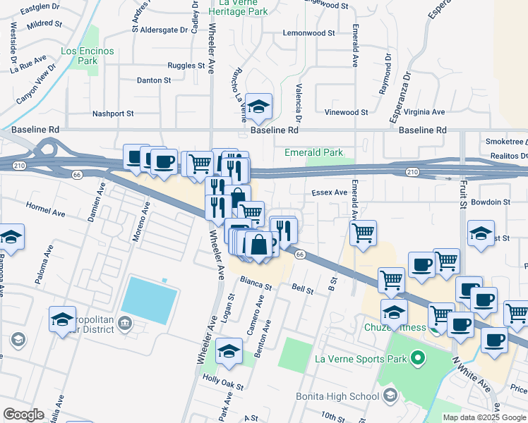 map of restaurants, bars, coffee shops, grocery stores, and more near 3853 Bixby Drive in La Verne