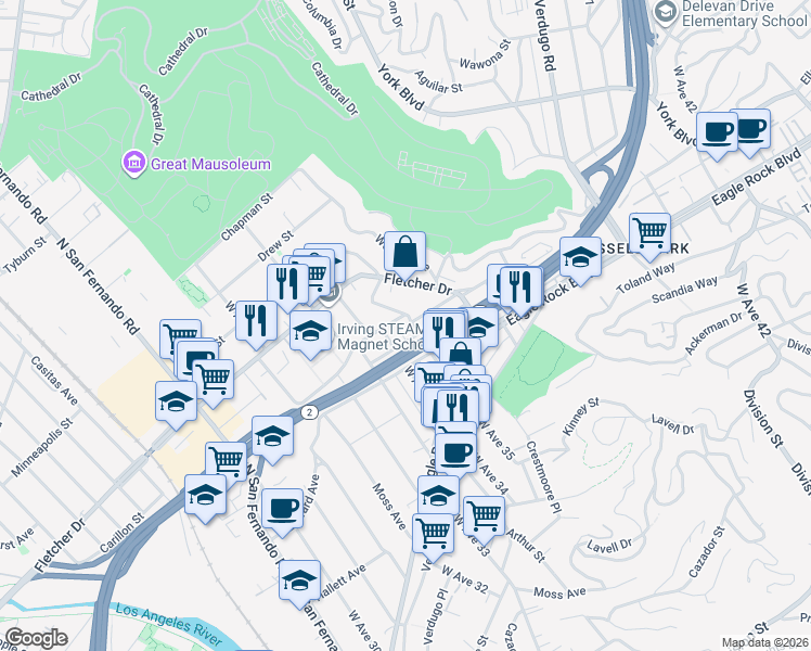 map of restaurants, bars, coffee shops, grocery stores, and more near 2956 West Avenue 35 in Los Angeles
