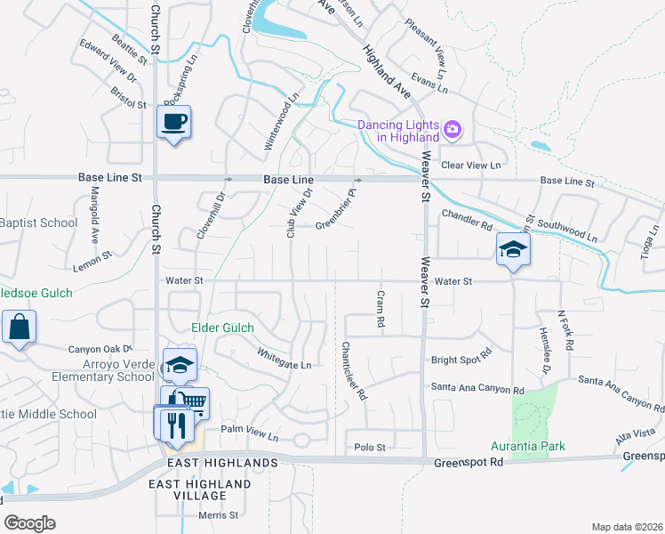 map of restaurants, bars, coffee shops, grocery stores, and more near 29310 Water Street in Highland