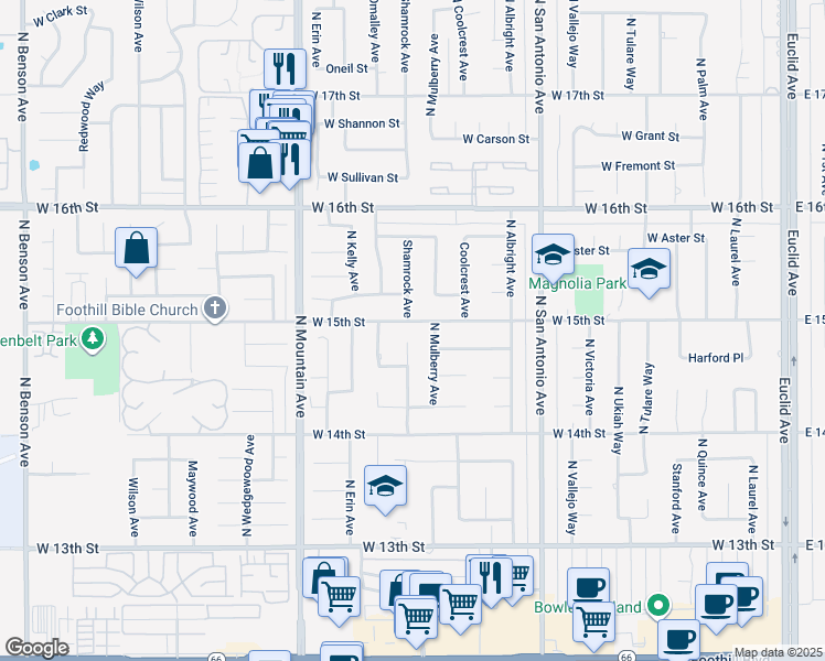 map of restaurants, bars, coffee shops, grocery stores, and more near 1020 West 15th Street in Upland