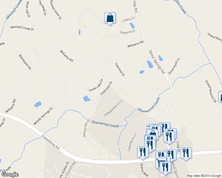map of restaurants, bars, coffee shops, grocery stores, and more near 7321 Clubcrest Drive in Flowery Branch