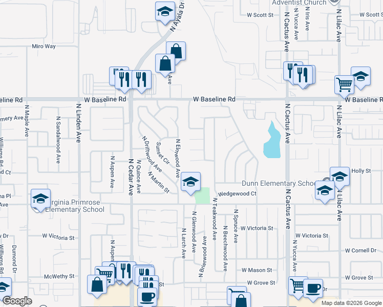 map of restaurants, bars, coffee shops, grocery stores, and more near 1073 West Wabash Street in Rialto