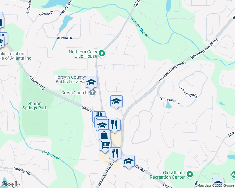 map of restaurants, bars, coffee shops, grocery stores, and more near 3665 Pennington Road in Cumming