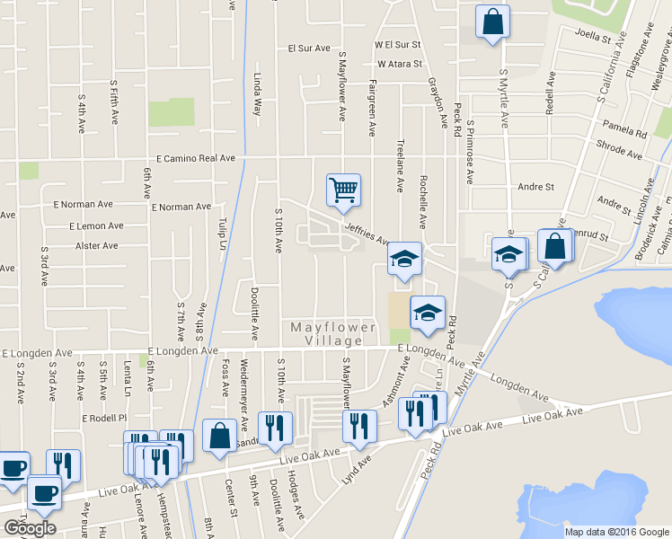 map of restaurants, bars, coffee shops, grocery stores, and more near 2565 Mayflower Avenue in Arcadia