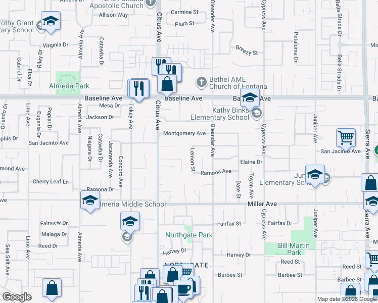 map of restaurants, bars, coffee shops, grocery stores, and more near 7494 Lemon Street in Fontana