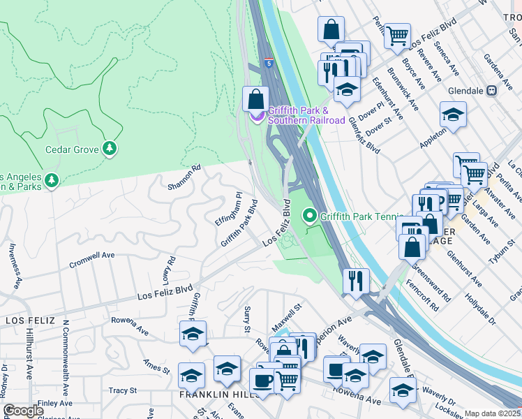 map of restaurants, bars, coffee shops, grocery stores, and more near 3454 Lambeth Street in Los Angeles