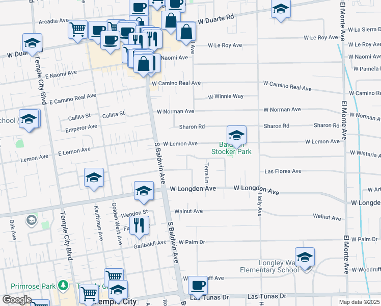 map of restaurants, bars, coffee shops, grocery stores, and more near 613 Wistaria Avenue in Arcadia