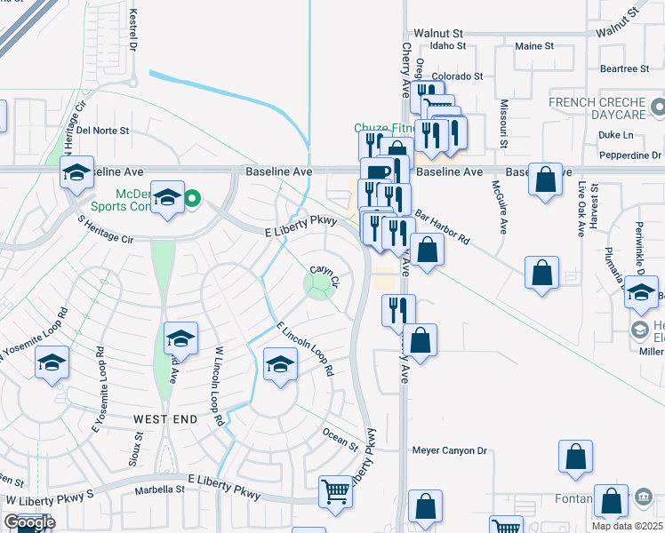map of restaurants, bars, coffee shops, grocery stores, and more near 14336 Caryn Circle in Fontana