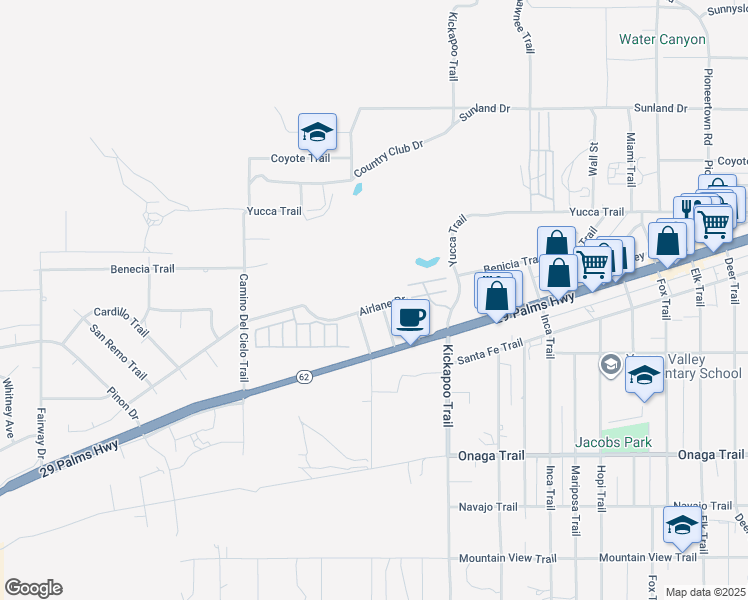 map of restaurants, bars, coffee shops, grocery stores, and more near 55142 Airlane Drive in Yucca Valley