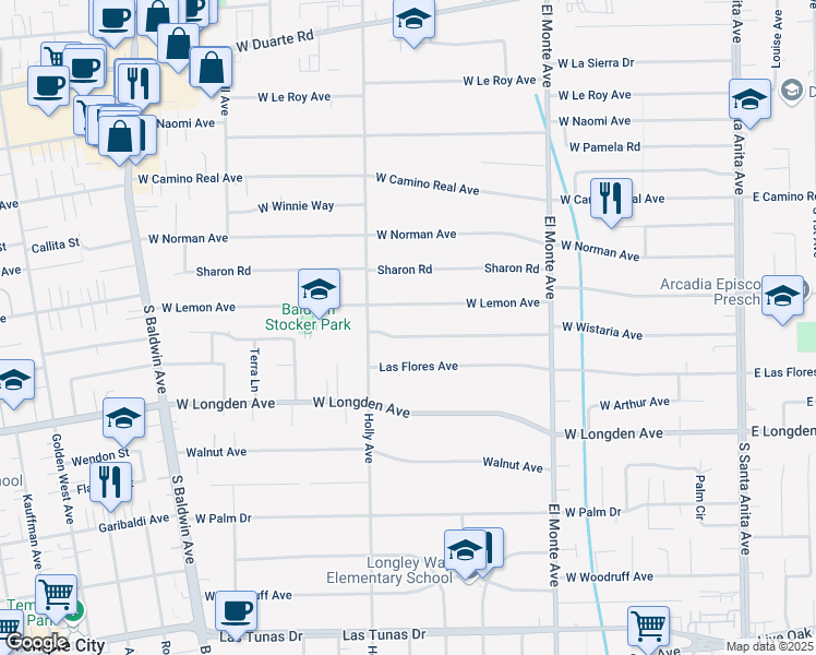 map of restaurants, bars, coffee shops, grocery stores, and more near 345 West Wistaria Avenue in Arcadia