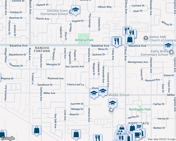 map of restaurants, bars, coffee shops, grocery stores, and more near 15778 Rosewood Way in Fontana