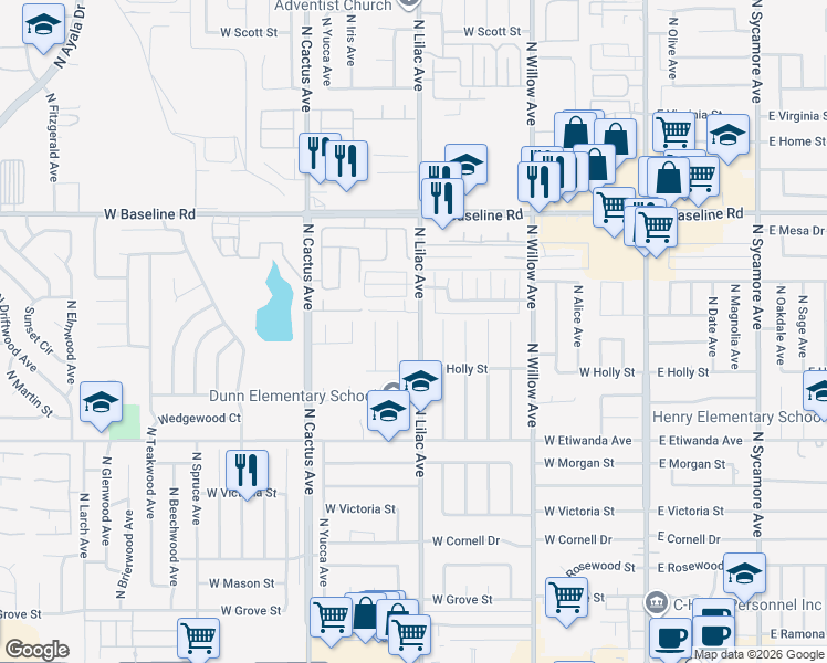 map of restaurants, bars, coffee shops, grocery stores, and more near 990 North Lilac Avenue in Rialto