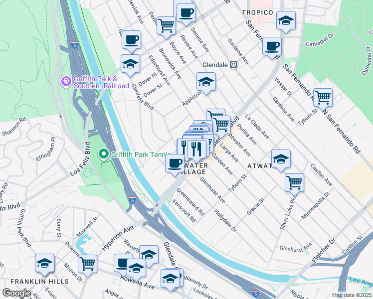 map of restaurants, bars, coffee shops, grocery stores, and more near 3127 Glenmanor Place in Los Angeles