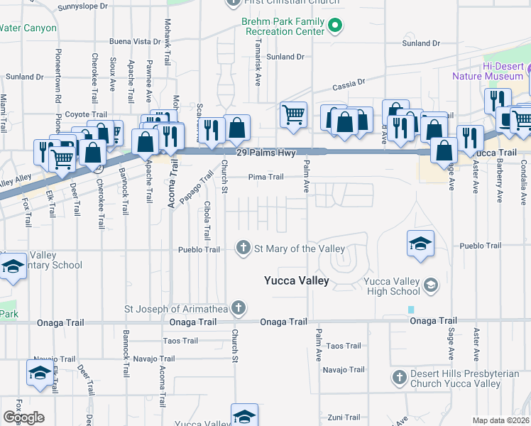 map of restaurants, bars, coffee shops, grocery stores, and more near in Yucca Valley