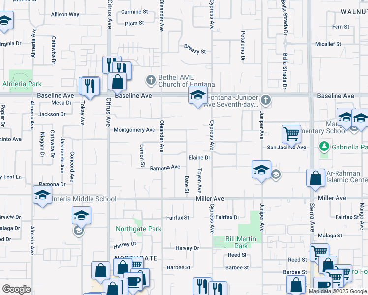 map of restaurants, bars, coffee shops, grocery stores, and more near 7520 Date Street in Fontana