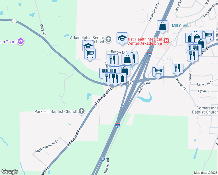 map of restaurants, bars, coffee shops, grocery stores, and more near 3100 Hollywood Road in Arkadelphia