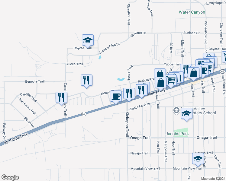map of restaurants, bars, coffee shops, grocery stores, and more near 55298-55200 Airlane Drive in Yucca Valley