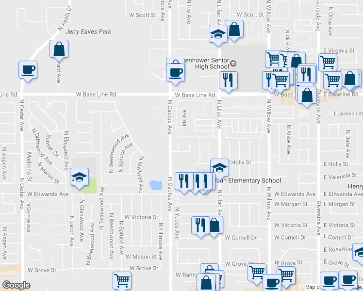 map of restaurants, bars, coffee shops, grocery stores, and more near 991 North Yucca Avenue in Rialto