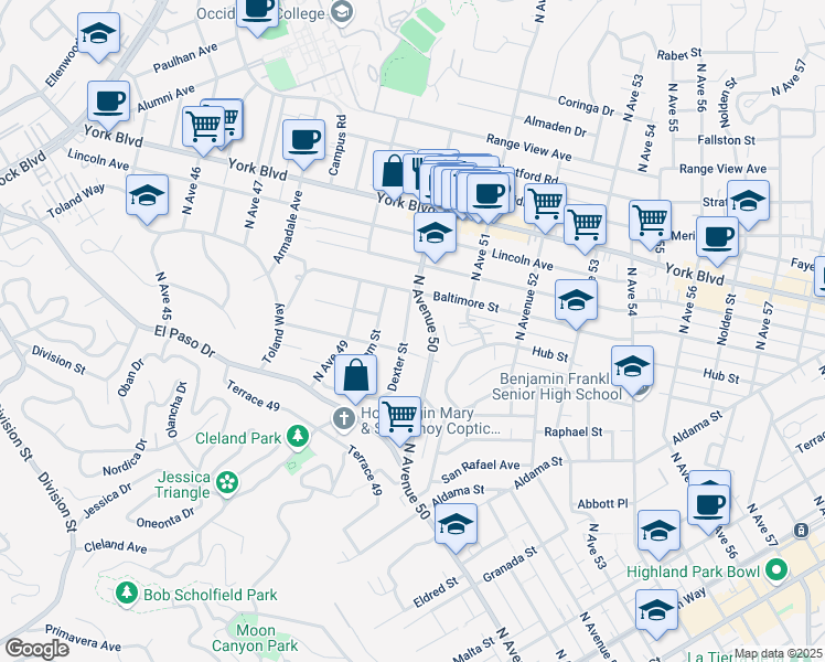 map of restaurants, bars, coffee shops, grocery stores, and more near 1020 Dexter Street in Los Angeles