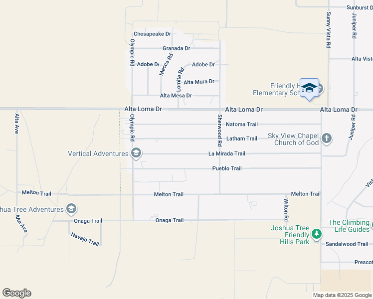 map of restaurants, bars, coffee shops, grocery stores, and more near 60374 La Mirada Trail in Joshua Tree