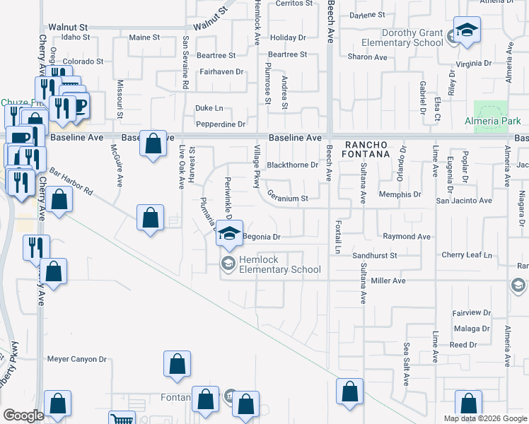 map of restaurants, bars, coffee shops, grocery stores, and more near 15085 Primrose Court in Fontana