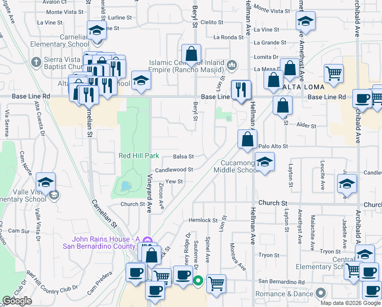 map of restaurants, bars, coffee shops, grocery stores, and more near 9060 Balsa Street in Rancho Cucamonga