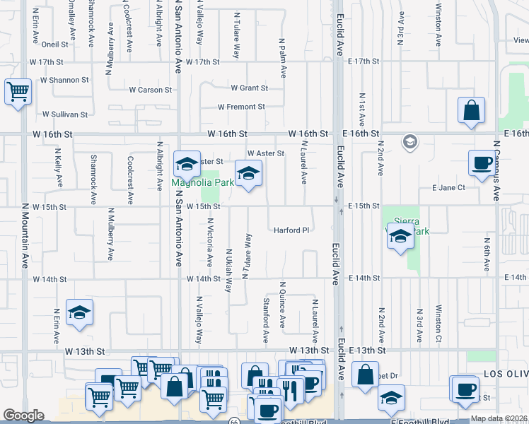 map of restaurants, bars, coffee shops, grocery stores, and more near 388 Harford Place in Upland
