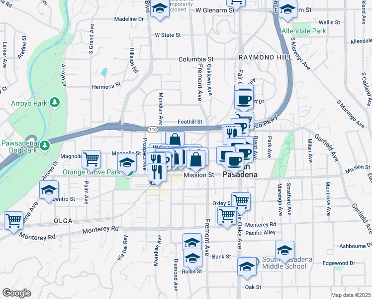 map of restaurants, bars, coffee shops, grocery stores, and more near 704 Fairview Avenue in South Pasadena