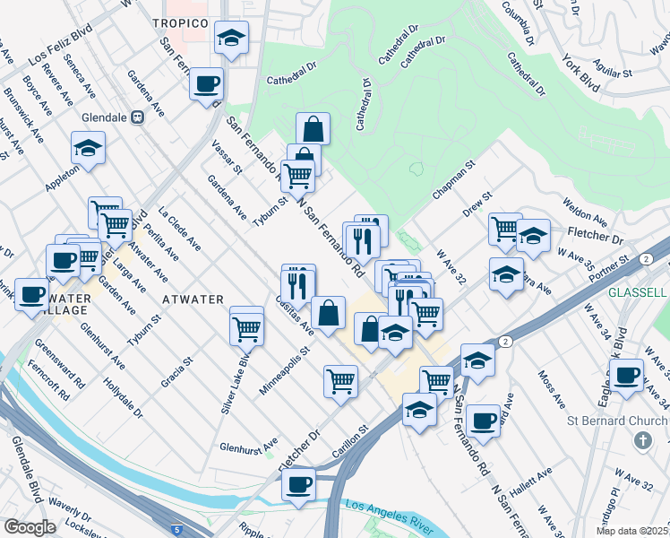 map of restaurants, bars, coffee shops, grocery stores, and more near 3332 North San Fernando Road in Los Angeles