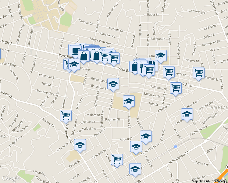 map of restaurants, bars, coffee shops, grocery stores, and more near North Avenue 53 & Baltimore Street in Los Angeles