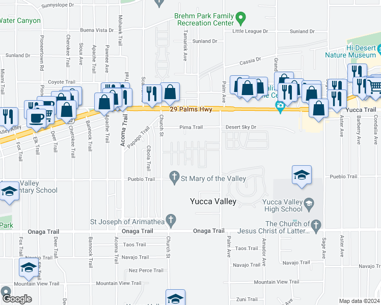 map of restaurants, bars, coffee shops, grocery stores, and more near 7425 Church Street in Yucca Valley