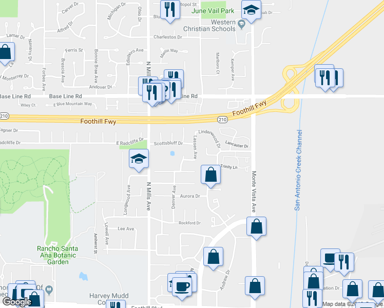map of restaurants, bars, coffee shops, grocery stores, and more near 1883 Lassen Avenue in Claremont