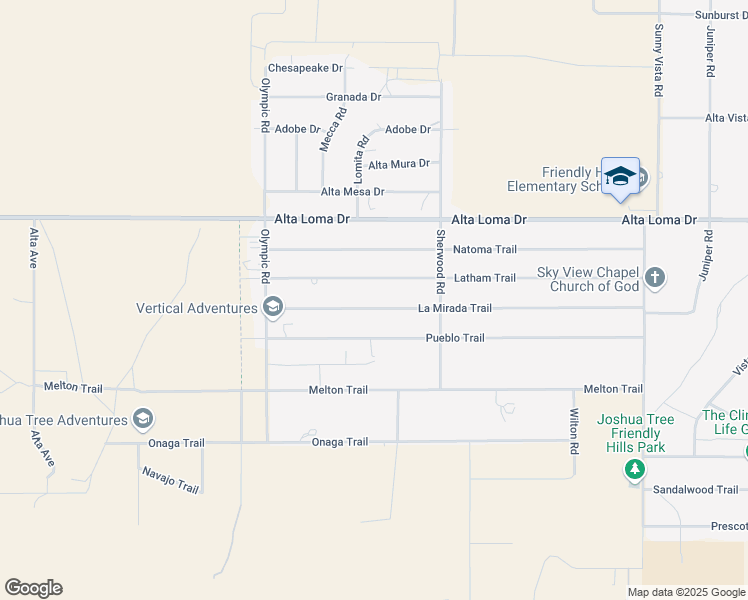 map of restaurants, bars, coffee shops, grocery stores, and more near 60374 La Mirada Trail in Joshua Tree