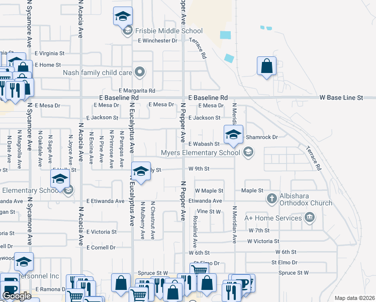 map of restaurants, bars, coffee shops, grocery stores, and more near 1022 Rosalind Avenue in Rialto