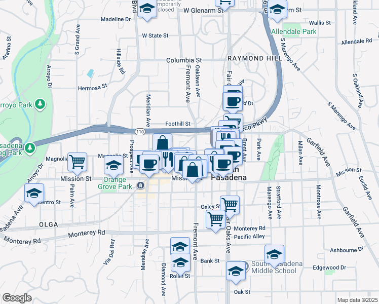 map of restaurants, bars, coffee shops, grocery stores, and more near 1133 Magnolia Street in South Pasadena