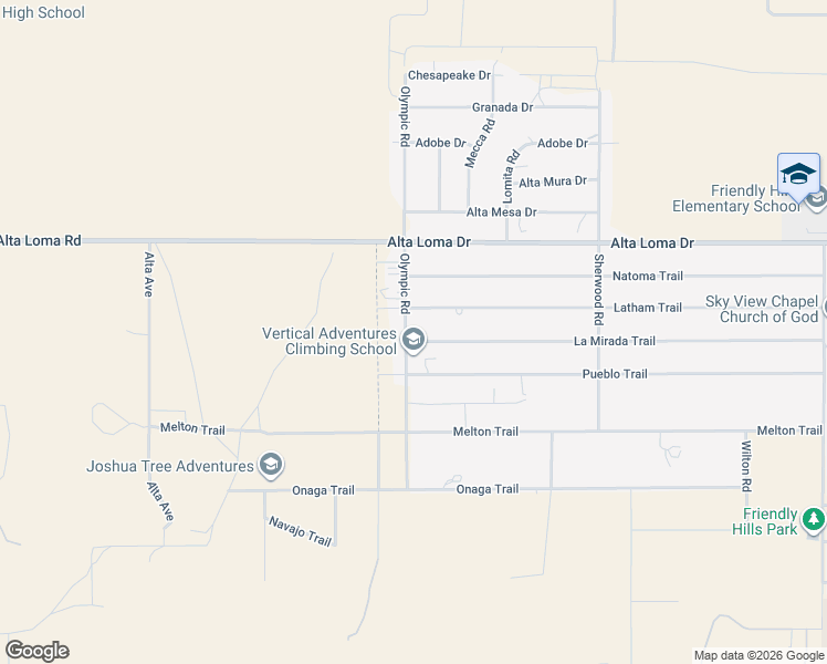 map of restaurants, bars, coffee shops, grocery stores, and more near 7454 Olympic Road in Joshua Tree