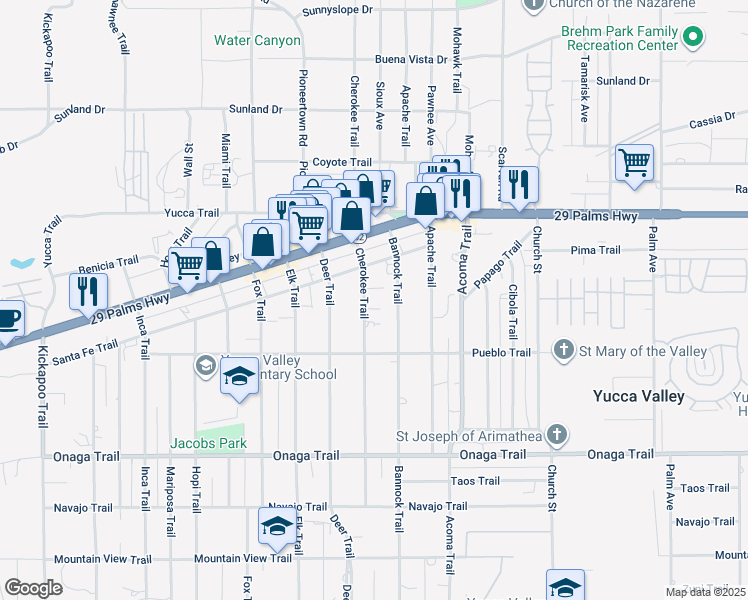 map of restaurants, bars, coffee shops, grocery stores, and more near 7419 Cherokee Trail in Yucca Valley