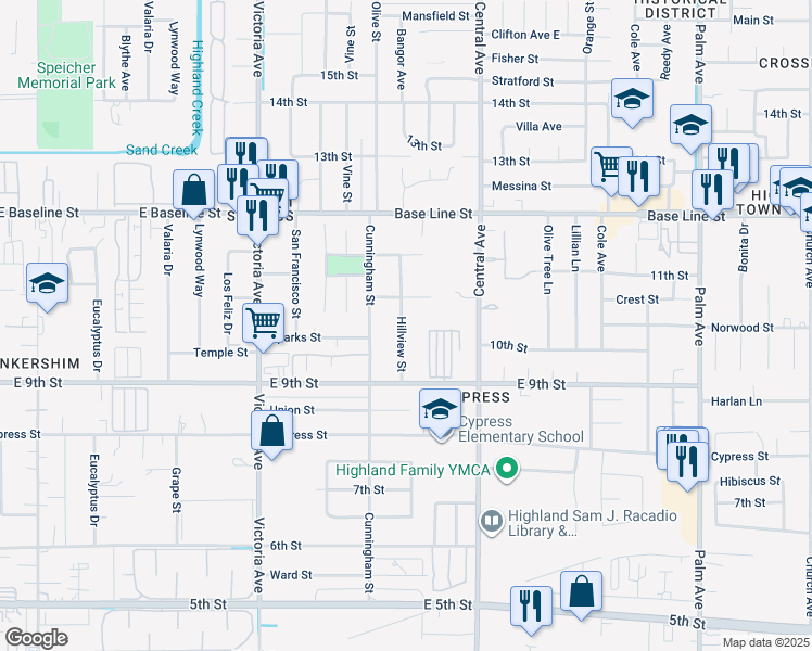 map of restaurants, bars, coffee shops, grocery stores, and more near 7501 Hillview Street in Highland