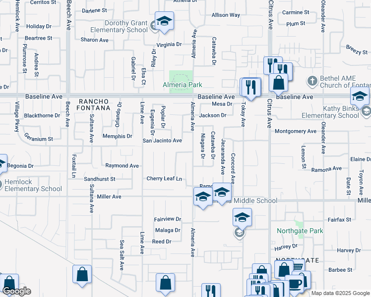map of restaurants, bars, coffee shops, grocery stores, and more near 15778 Rosewood Way in Fontana
