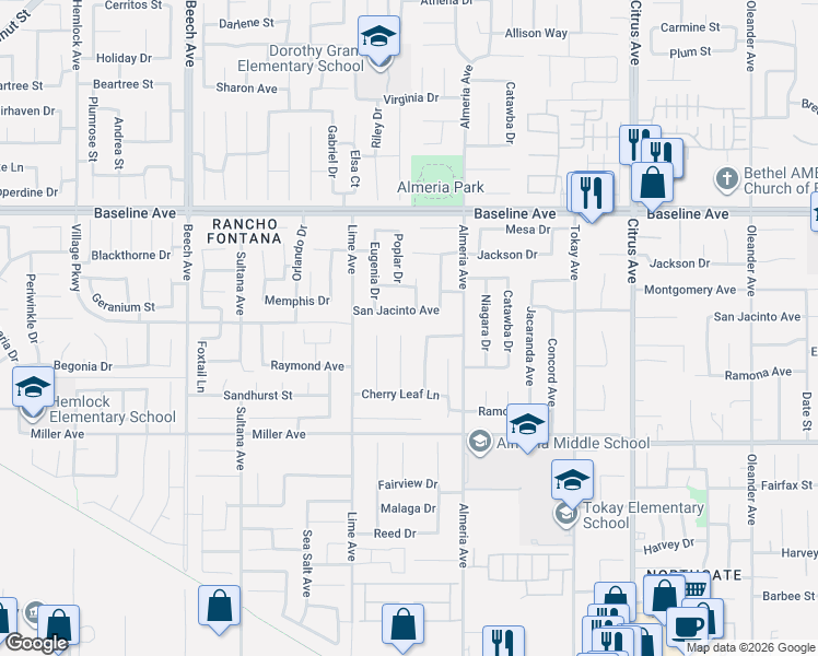 map of restaurants, bars, coffee shops, grocery stores, and more near 7510 Red Bluff Lane in Fontana